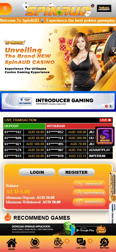 Spinaud Casino mobile home with AUD balance, games and casino offers