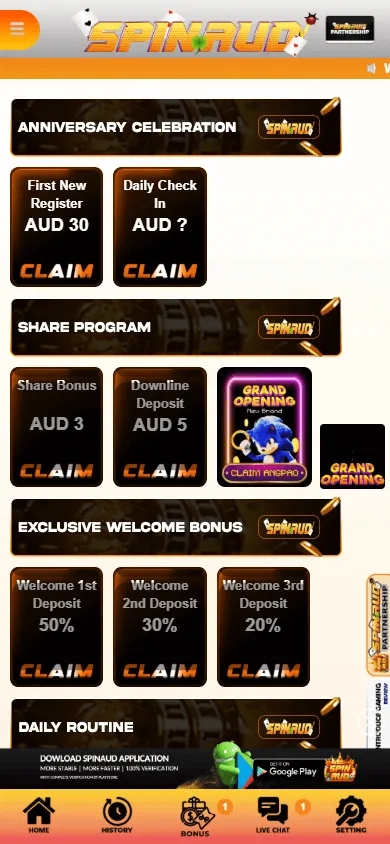 Spinaud Casino mobile promotions area with welcome and reload offers