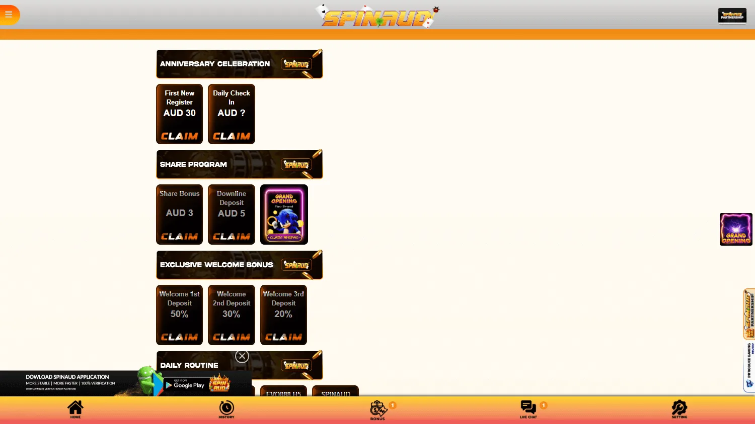 Spinaud Casino desktop promotions area with deposit offers and free spins