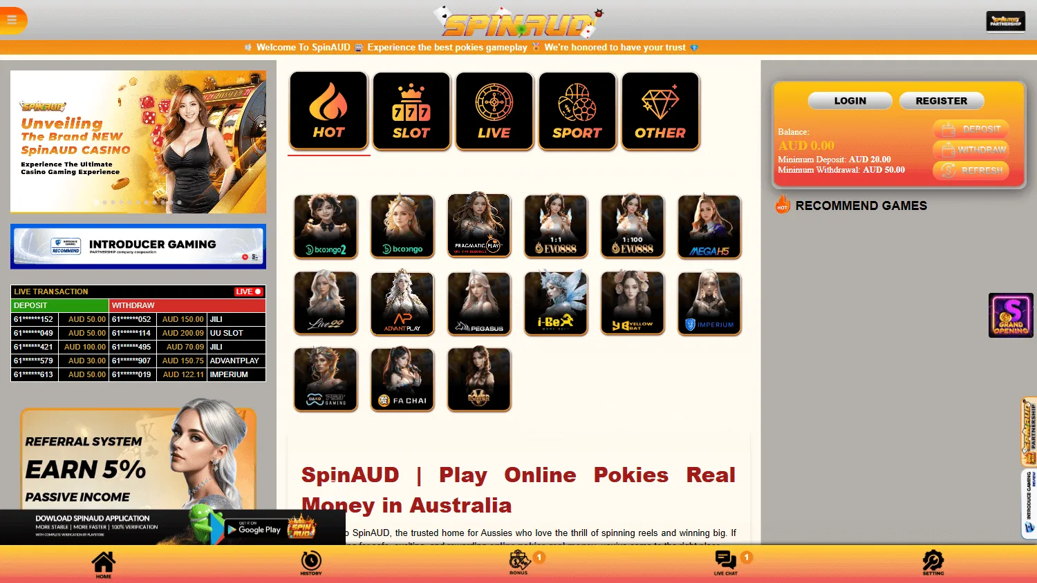 Spinaud Casino desktop home with AUD casino offers and game access